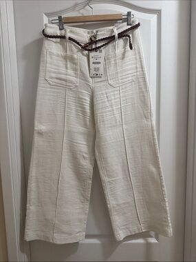 Zara Cream Wide-Leg Front-Seam Chinos with Braided Belt